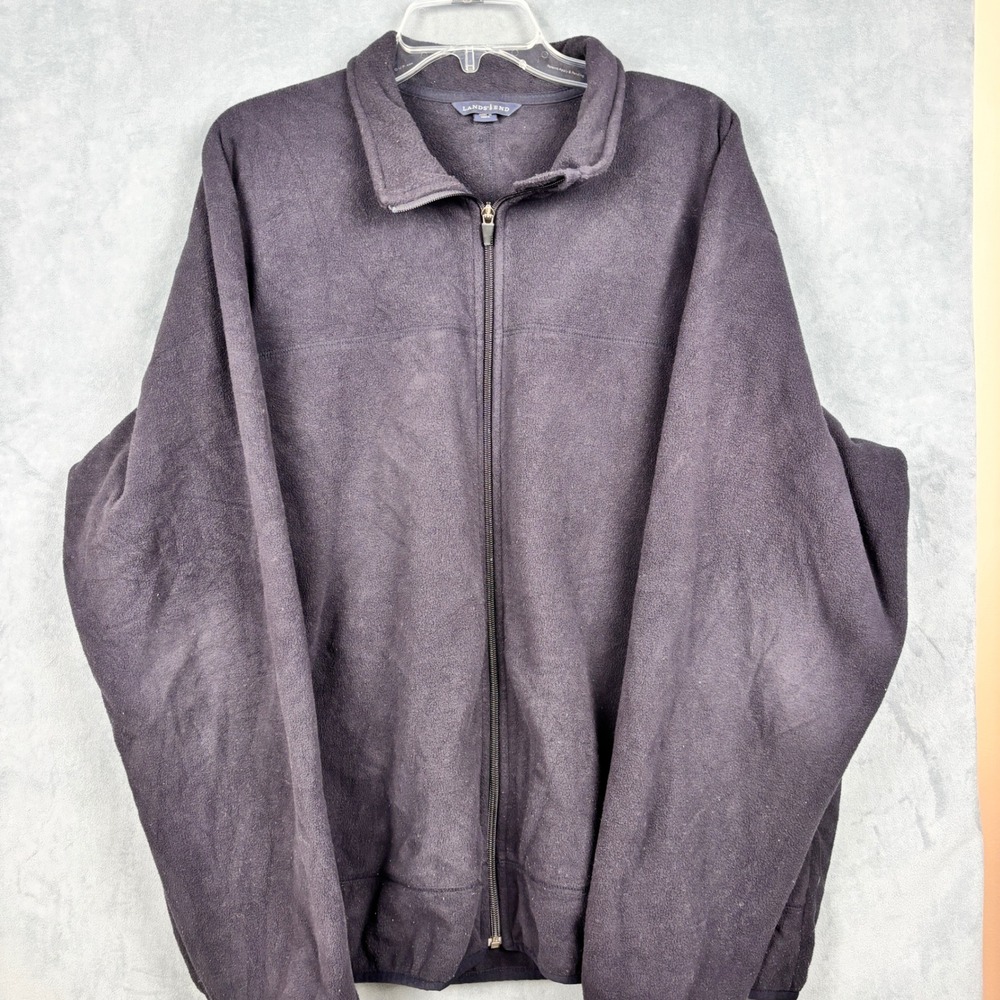 Lands End Mens XL Navy Blue Full Zip Fleece Jacket Mock Neck Outdoor Layer
